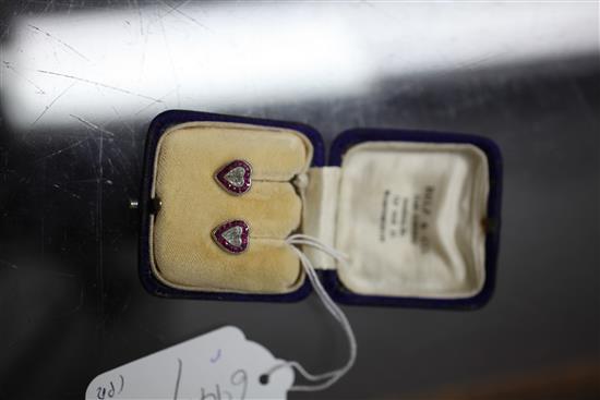 A pair of mid 20th century white gold heart shaped ruby and diamond earrings, approx. 9.5mm.